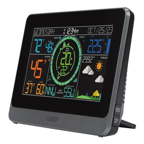 Pro Grade Wireless Color Weather Station With Cyclone Sensor And Atomic Time Display for temperature, humidity, pressure readings.