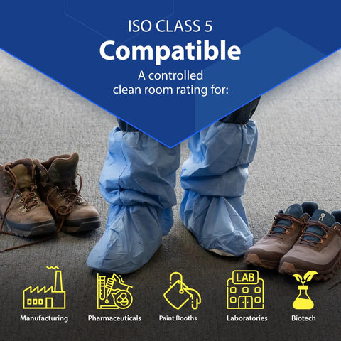 Traction 18 Inch Blue Disposable Boot Covers With Non Slip Sole Water Resistant Skid Resistant Booties For Easy Floor Protection Thick Durable Cuff All Shift Coverage Pack Of 3 Pairs Size Large worn in cleanroom