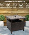 All Weather Wicker Patio Umbrella Stand Table 22 Inch Brown Rattan Garden Furniture Deck Poolside Organizer With Storage Shelves And Easy Setup Umbrella Fit From 1.49 To 1.89 Inches, showing the side view with storage.