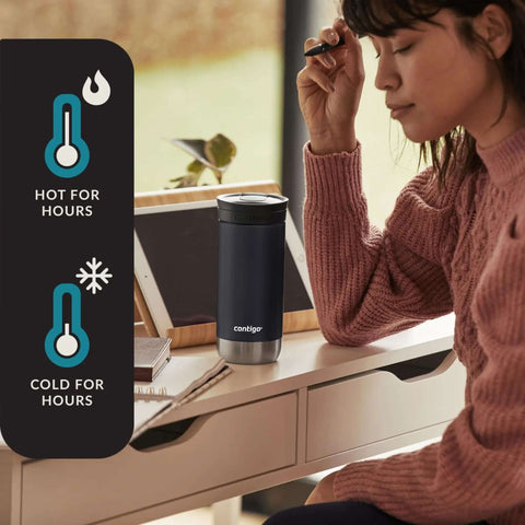 Woman at a desk with 16 Oz Licorice Vacuum Insulated Stainless Travel Mug With Leak Proof Lid Keeps Drinks Hot Up To 6 Hours Or Cold Up To 12 One Hand Sip