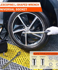 Telescoping L-shaped wrench with universal socket on a car wheel, featuring the 2.5 Ton Universal Scissor Car Jack Kit With Portable Tire Changing System Lifts From 5.1 Inches To 16.79 Inches For Cars Sedans SUVs MPVs And More Ready For Any Roadside Tire Change.
