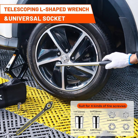 Telescoping L-shaped wrench with universal socket on a car wheel, featuring the 2.5 Ton Universal Scissor Car Jack Kit With Portable Tire Changing System Lifts From 5.1 Inches To 16.79 Inches For Cars Sedans SUVs MPVs And More Ready For Any Roadside Tire Change.