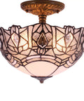 Crystal Bead Tiffany Style Glam Ceiling Light Fixture White Stained Glass Semi Flush Mount Lamp 12 Inch Wide 11 Inch High Antique Green Bronze Base Hardwired With 16 Inch Cord LED Ready