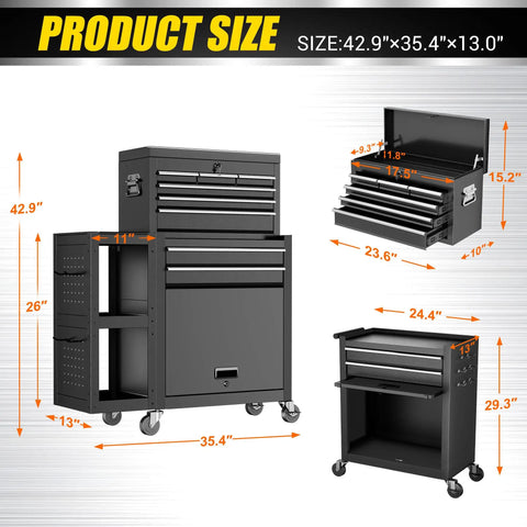 Tough As Nails 8 Drawer Rolling Tool Chest With Lockable Cabinets And Detachable Utility Cart dimensions showing size details and features.