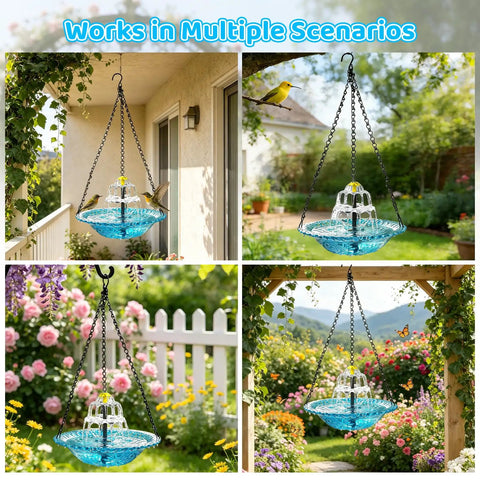 Hanging Sun Powered Bird Bath Fountain With 3 Layer Cascading Design And 3 Nozzles Blue Glass Bowl in garden