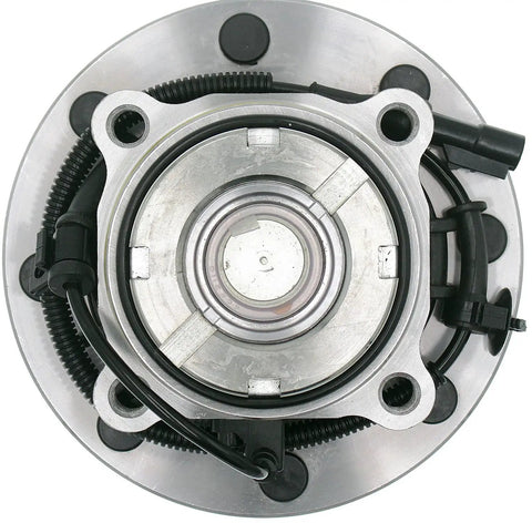 Garage Tested Front Wheel Bearing And Hub Assembly For 1999 To 2004 Ford F250 And F350 Super Duty 4WD top view showing detail.