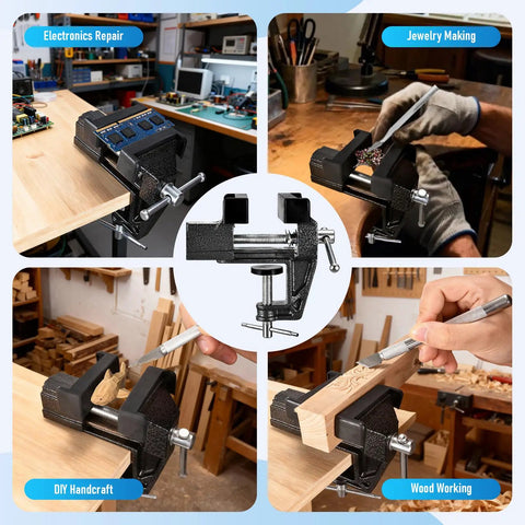 Heavy Duty Cast Steel Bench Vise Two Inch Jaw Clamp engineered for woodworkers, jewelers, and tinkerers in use for varied tasks.