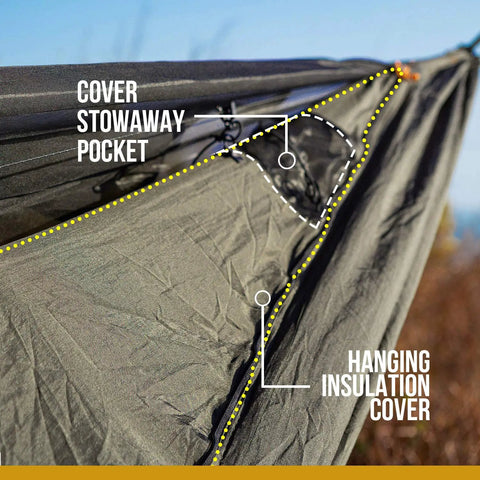 Close-up of Kompound Camping Hammock With Net And Warm Internal Cover showing pocket and insulation detail, OD green fabric.