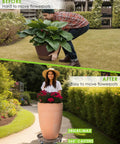 Man struggling to move potted plant, and woman easily moving large pot with 2 Pack 15.7 Inch Large Plant Stand With Lockable Wheels.