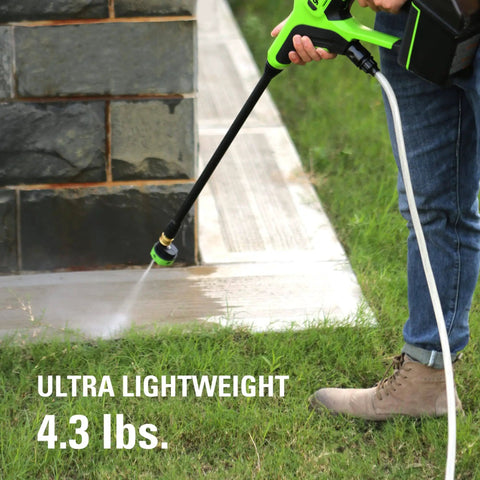 Person using Cordless 24V 600 PSI Pressure Washer Power Cleaner With 4Ah USB Battery And 2A Charger 5-In-1 Adjustable Nozzle on patio