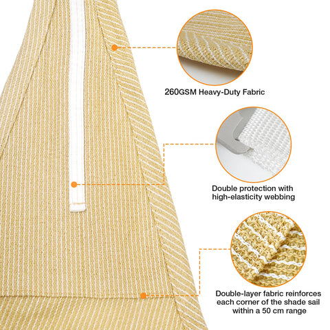 Close-up of Beige 24x24 Sun Shade Sail With Beefy Heavy Duty Stainless Wire Rope Kit showing fabric texture and webbing reinforcement