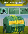 43 Gallon Dual Chamber Compost Tumbler For Easy Outdoor Garden Composting With Sliding Door Rotating Bin Tumbling Composter in green with ventilation features.