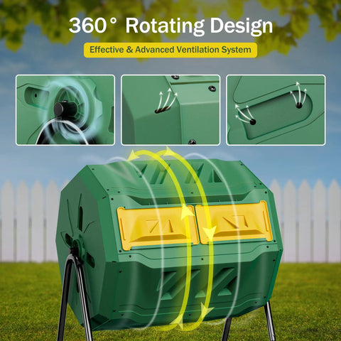 43 Gallon Dual Chamber Compost Tumbler For Easy Outdoor Garden Composting With Sliding Door Rotating Bin Tumbling Composter in green with ventilation features.