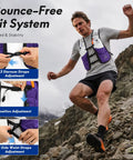 Runner using 5L Trail Running Hydration Vest With Soft Flasks Including 2 X 500ml Purple Medium Lightweight Bounce Free Fit