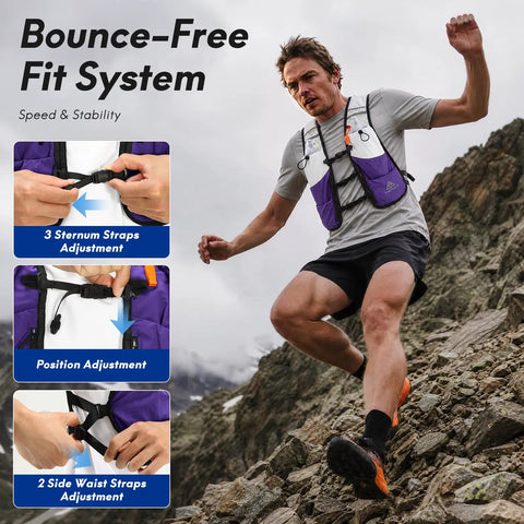 Runner using 5L Trail Running Hydration Vest With Soft Flasks Including 2 X 500ml Purple Medium Lightweight Bounce Free Fit