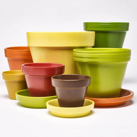 Colorful terra cotta planters in various sizes, showcasing the Spray On Crystal Clear Acrylic Sealer For Crafts 12 Oz Gloss Finish That Dries Quick Non Yellowing No Run Protective Coating For Paper Wood Fabric Multi Surface And More effect.