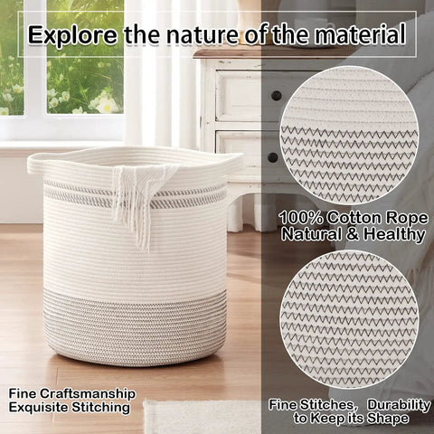 Large Rope Laundry Basket With Handles, Modern Woven Storage Bin In Light Gray displayed in a living room setting with detailed stitching.