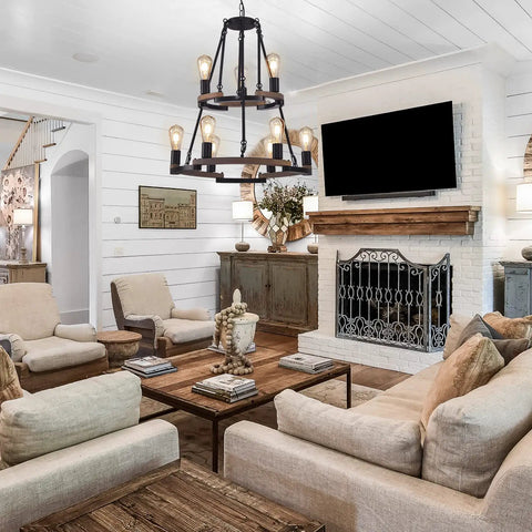 Wagon Wheel Chandelier 9 Light Farmhouse Ceiling Light in Black Metal and Wood Frame illuminating rustic living room decor.
