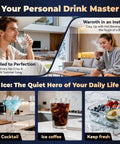 Collage showcasing 4-In-1 Water Dispenser With Ice Maker For Home And Office Hot Cold And Room Temp Water Plus Fast Ice use