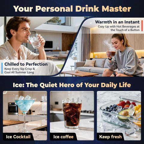 Collage showcasing 4-In-1 Water Dispenser With Ice Maker For Home And Office Hot Cold And Room Temp Water Plus Fast Ice use