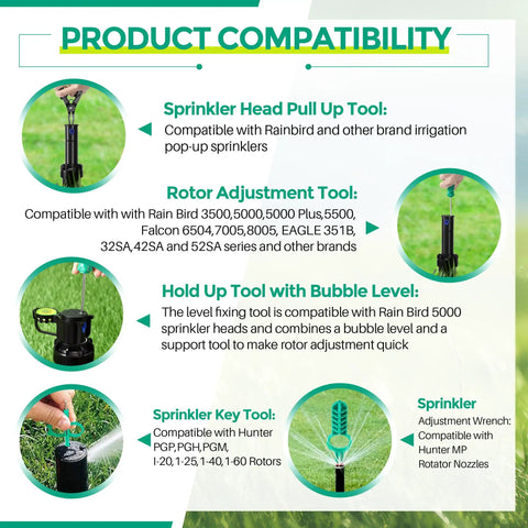 Five Pack All In One Sprinkler Head Tool Kit for Rain Bird and Hunter Systems Hold Up Tool With Bubble Level Rotor Adjustment