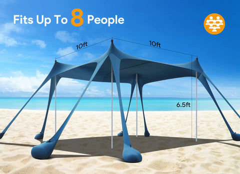 Beach Tent Sun Shelter UPF50 Plus With Eight Sandbags Ground Pegs And Stability Poles 10x10 Ft Shade on sandy beach
