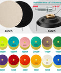 Pro Grade 15 Pack 4 Inch Diamond Polishing Pads Kit With Five Eighths To Eleven Backer Pad And Wool Felt Buffing Pad, shown with pad sizes and thread details.