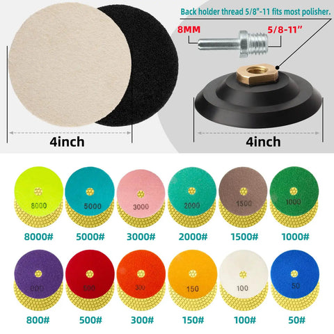 Pro Grade 15 Pack 4 Inch Diamond Polishing Pads Kit With Five Eighths To Eleven Backer Pad And Wool Felt Buffing Pad, shown with pad sizes and thread details.