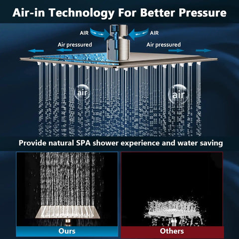 12 Inch Rainfall Shower Head Combo In Dope Brushed Nickel Finish High Pressure Shower Head With Flexible Curved Arm And Four Setting Handheld Sprayer 60 Inch Hose Stainless Steel showcasing air-in technology for better water pressure and spa-like experience