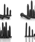 No Sweat Heavy Duty Black Carbon Steel Self Tapping Screws Assortment Kit With Smooth Round Pan Heads, showing various sizes.
