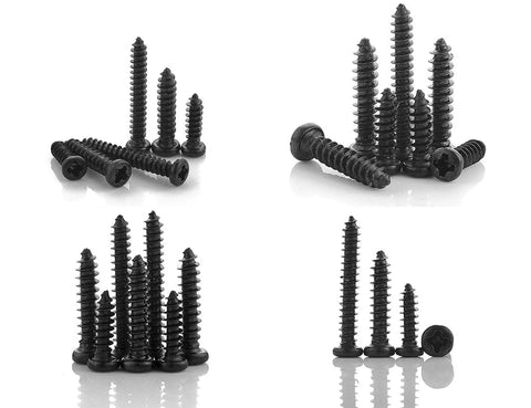 No Sweat Heavy Duty Black Carbon Steel Self Tapping Screws Assortment Kit With Smooth Round Pan Heads, showing various sizes.