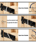Built Like A Tank Heavy Duty Steel 2 Way Slide Bar Gate Latch showing operation steps for exterior access on wooden gate.