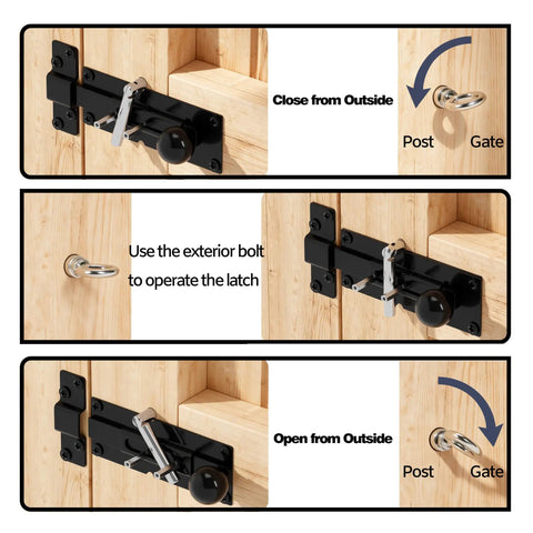 Built Like A Tank Heavy Duty Steel 2 Way Slide Bar Gate Latch showing operation steps for exterior access on wooden gate.
