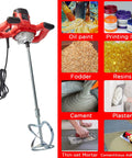 Beefy 2300W Portable Electric Cement Mixer With 6 Adjustable Speeds, handheld, shown with various materials like cement and paint.