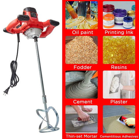 Beefy 2300W Portable Electric Cement Mixer With 6 Adjustable Speeds, handheld, shown with various materials like cement and paint.