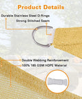 Close-up of Sun Shade Sail Triangle 16x16x22.6 Ft Sand Color with stainless steel D-ring and 185GSM HDPE material details.