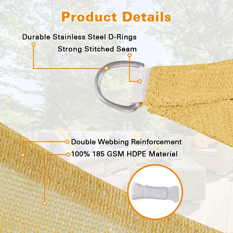 Product details of Sun Shade Sail 14 Ft By 14 Ft Sand Color With Curved Edges Commercial Grade 185GSM HDPE Blocks 95 Percent UV Rays