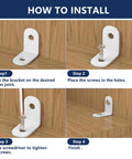 Installation steps for Beefy Heavy Duty White Corner Braces For Wood Shelves L Brackets 1x1 Inch 30 Pack with screws on wood surface.