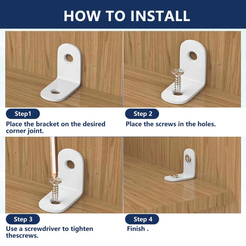 Installation steps for Beefy Heavy Duty White Corner Braces For Wood Shelves L Brackets 1x1 Inch 30 Pack with screws on wood surface.
