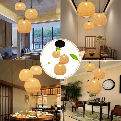 Bamboo Lantern Pendant Light, Retro Japanese Style E27 Chandelier in various room setups, creating a cozy vibe.