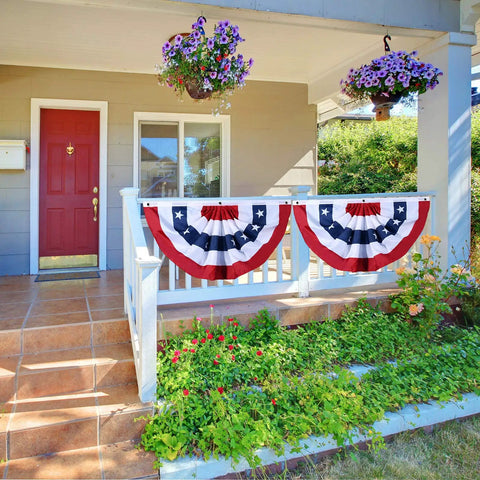 Patriotic Pleated Fan Banner With Canvas Header And Brass Grommets For Indoor Outdoor Decor, American Half Flag Bunting displayed on porch