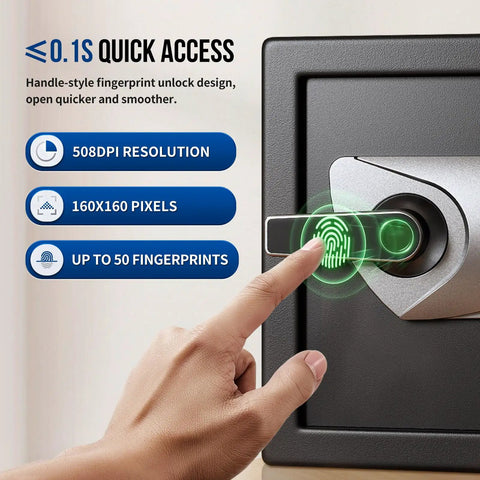 Person using fingerprint access on Home Biometric Safe 1.0 Cub with Fingerprint Access, 10-Digit Keypad, LCD Screen, Hidden Dual Alarm