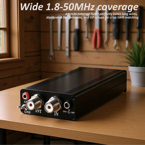 Wideband 1.8 To 50 MHz Antenna Tuner For Ham Radios And Field Ops on a wooden table with antenna connectors visible