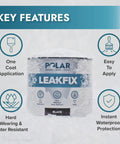 Clear Leak Fix Sealant With Reinforced Fibers One Coat Waterproof Sealant For Roofs Gutters And Drainpipes Instantly Stops Leaks And Cracks For Exterior Use Built To Last And DIY Friendly can in snow displaying key features