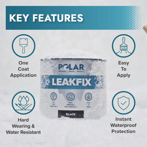 Clear Leak Fix Sealant With Reinforced Fibers One Coat Waterproof Sealant For Roofs Gutters And Drainpipes Instantly Stops Leaks And Cracks For Exterior Use Built To Last And DIY Friendly can in snow displaying key features