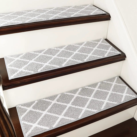 Non Slip Stair Runners For Pets And Kids Indoor 28 By 9 Inch Stair Mats With TPE Backing 13 Piece Gray Set For Wooden Steps Made From 100 Percent Polyester on wooden steps