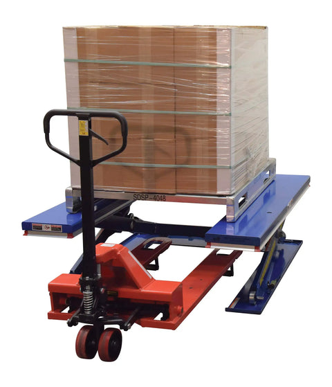Heavy Duty Electric U Shaped Pallet Lift Table, 3000 Lb Capacity, Blue Powder Coated Steel Frame, Built Tough For Warehouse Work, No Sweat Loading And Unloading Rig Ready