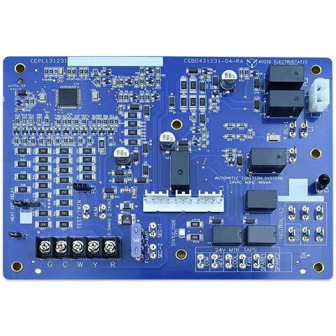 Zero Stress HK42FZ086 Replacement Control Board For Carrier Payne Bryant Furnaces detailed view of blue circuit board with components.