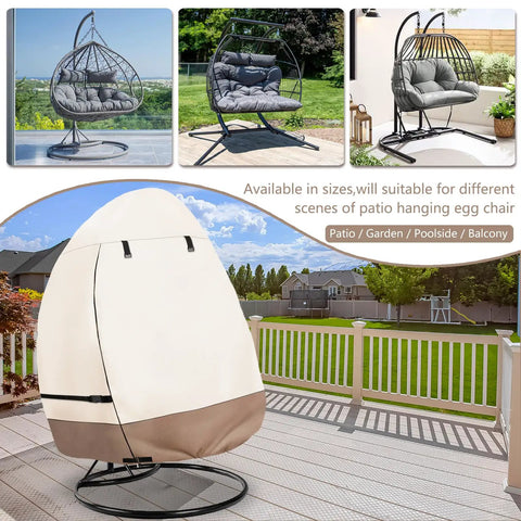 Patio Hanging Egg Chair Cover Waterproof Heavy Duty Outdoor Double Seat Swing Cover With Stand Beige And Brown Fits Up To 66W X 43D X 68H No Brainer Easy On Off Front Zippers shown on patio.