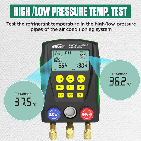 BELEY digital manifold gauge front view for automotive HVAC with dual pressure and temperature readings, hoses, and yellow controls.